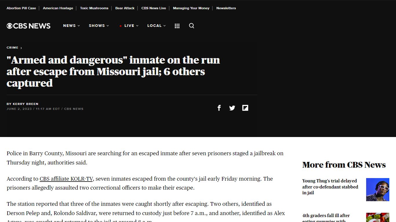 "Armed and dangerous" inmate on the run after escape from Missouri jail ...