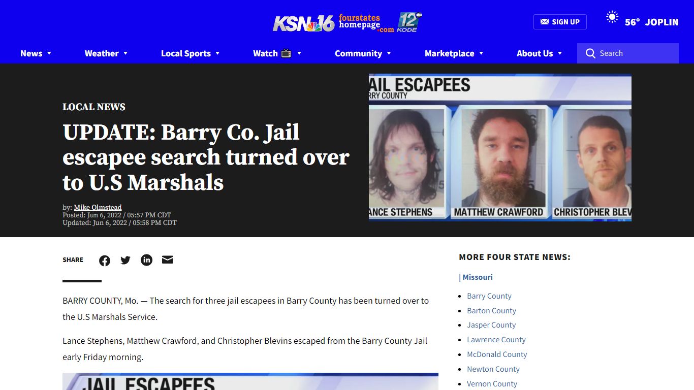 UPDATE: Barry Co. Jail escapee search turned over to U.S Marshals - KSNF